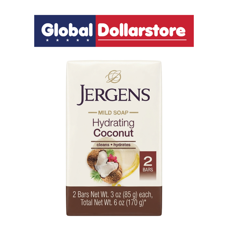 Jergens Hydrating Coconut Twin Pack Bar Soap featuring two cleansing bars infused with a tropical coconut-inspired formula, helping leave skin feeling clean, refreshed, and moisturized for a nourishing everyday bathing experience.