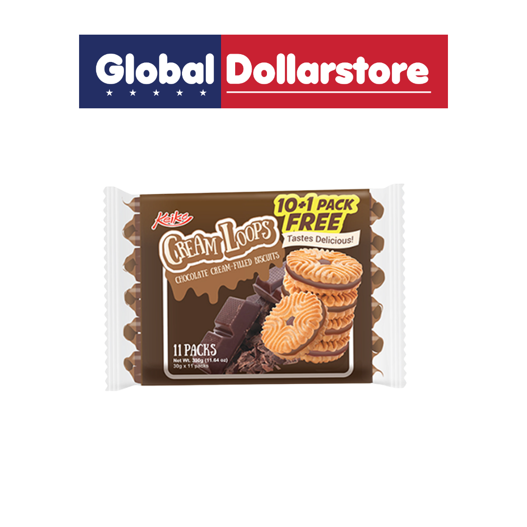 Keiko Cream Loops Chocolate Cream Filled Biscuits featuring crisp, golden biscuits filled with smooth chocolate cream, offering a delicious combination of crunchy texture and rich chocolate flavor perfect for snacking, sharing, or enjoying with tea and coffee.