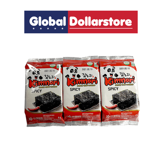 Kimnori Korean Seaweed Spicy 3s featuring crispy roasted Korean seaweed seasoned with a bold spicy flavor, conveniently packed in three servings for snacking, pairing with rice, adding to meals, or enjoying anytime.