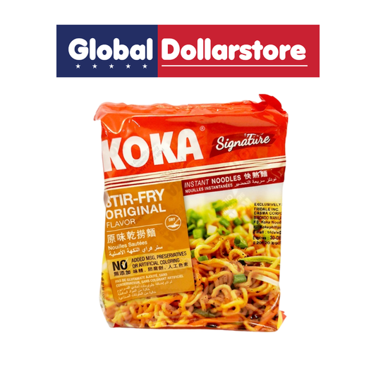 A package of KOKA Signature Stir-Fry Original instant noodles, featuring a bright orange-red packaging design with a clear window showing the cooked noodles inside, set against a plain white background with a Global Dollarstore banner at the top.