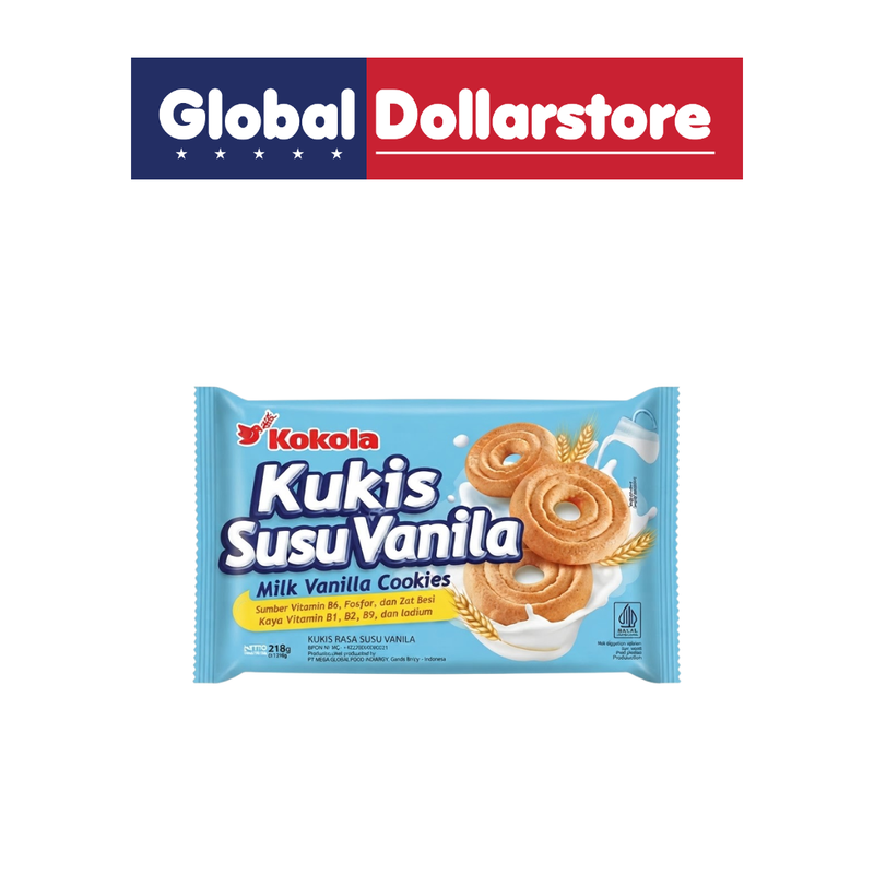 Kokola Kukis Milky Vanilla Cookies featuring crisp, creamy vanilla-flavored biscuits with a rich milky taste, presented in eye-catching Kokola packaging for a delicious everyday snack.