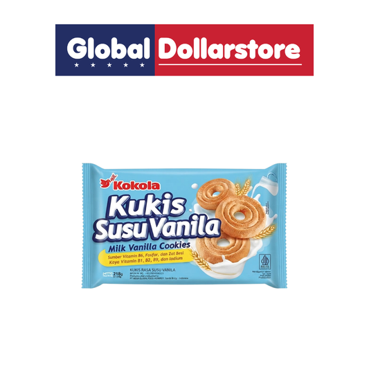 Kokola Kukis Milky Vanilla Cookies featuring crisp, creamy vanilla-flavored biscuits with a rich milky taste, presented in eye-catching Kokola packaging for a delicious everyday snack.