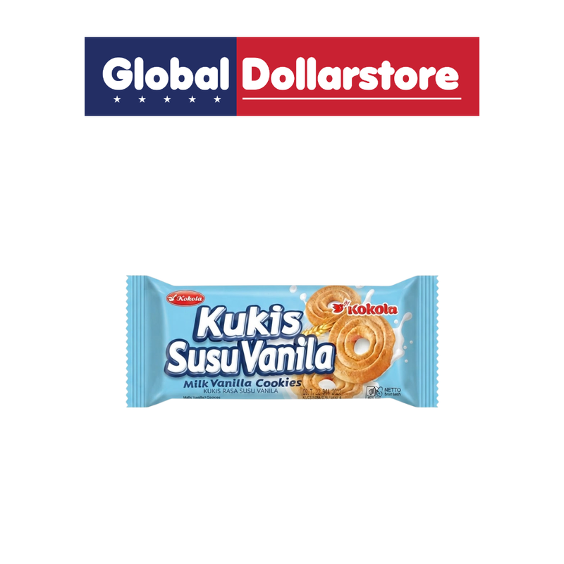 Kokola Kukis Vanilla Cookies featuring crisp, buttery vanilla-flavored biscuits with a sweet, aromatic taste, presented in convenient Kokola packaging for a satisfying snack.