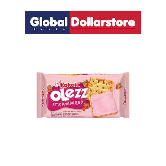 Kokola Olezz Strawberry biscuits featuring crisp, sweet cookies with creamy strawberry filling, presented in colorful Kokola packaging for a delicious everyday snack.