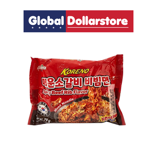 Koreno Bibim Spicy Beef Rib Flavor featuring chewy Korean-style noodles coated in a bold, spicy beef rib-flavored sauce, delivering a savory and fiery taste perfect for a quick meal or satisfying noodle snack.
