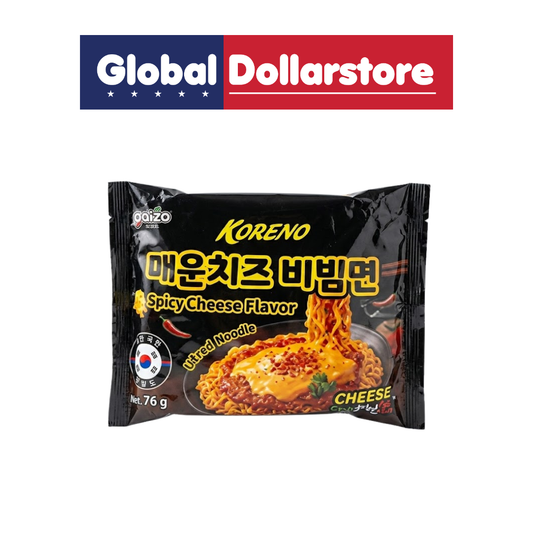 Koreno Bibim Spicy Cheese Flavor featuring chewy Korean-style noodles coated in a bold spicy cheese sauce, combining creamy cheesiness with a fiery kick for a flavorful and satisfying noodle meal.