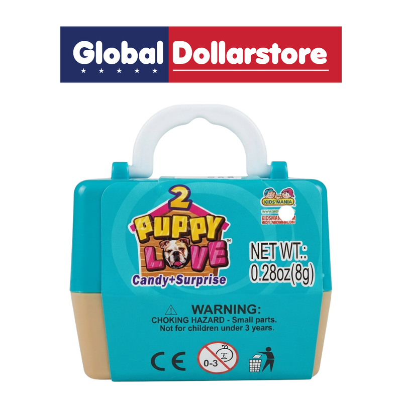 Kidsmania Puppy Love with Candy featuring a playful puppy-themed candy container filled with colorful sweet treats, perfect for kids, party favors, rewards, gifting, and fun candy collections.