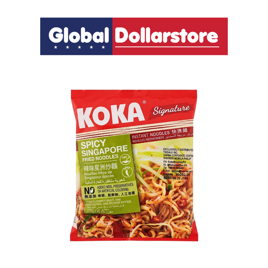 Koka Spicy Singapore Fried Noodles featuring flavorful Asian-style noodles with a bold spicy seasoning, packaged for a quick and satisfying meal.