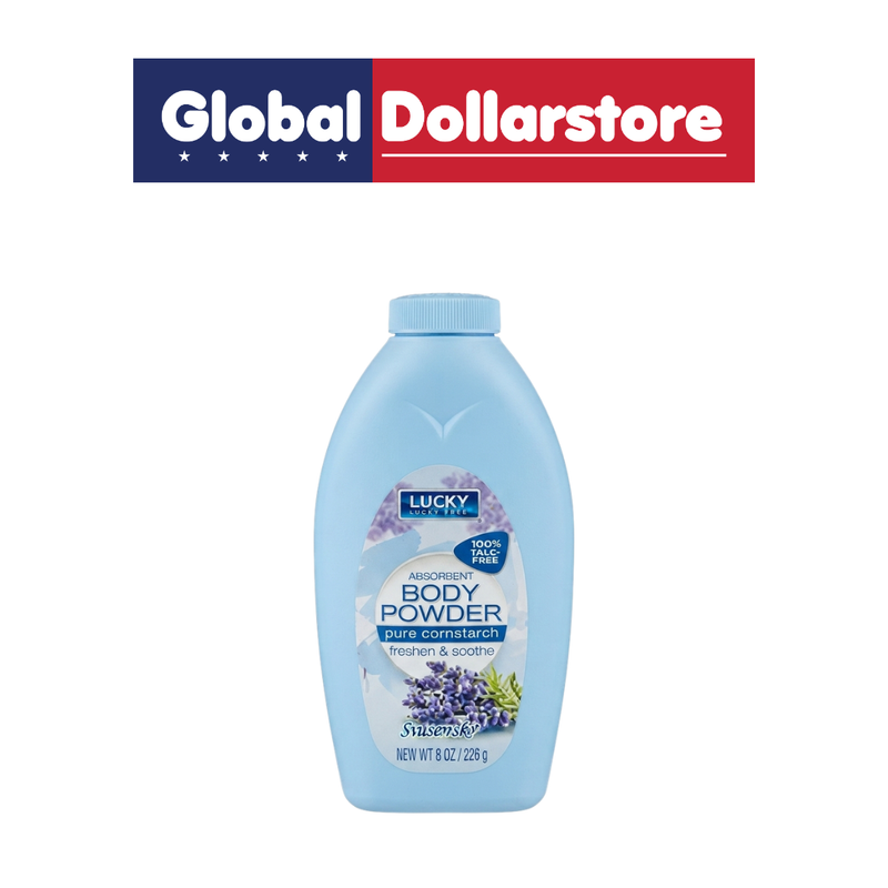 Lucky Corn Starch Lavender Body Powder with a soothing lavender scent, designed to absorb excess moisture and keep skin feeling fresh and comfortable.