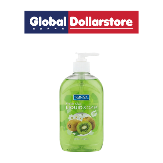 Lucky Kiwi Liquid Hand Soap with a fresh kiwi-inspired fragrance, offering convenient cleansing for hands and an invigorating feel after washing.