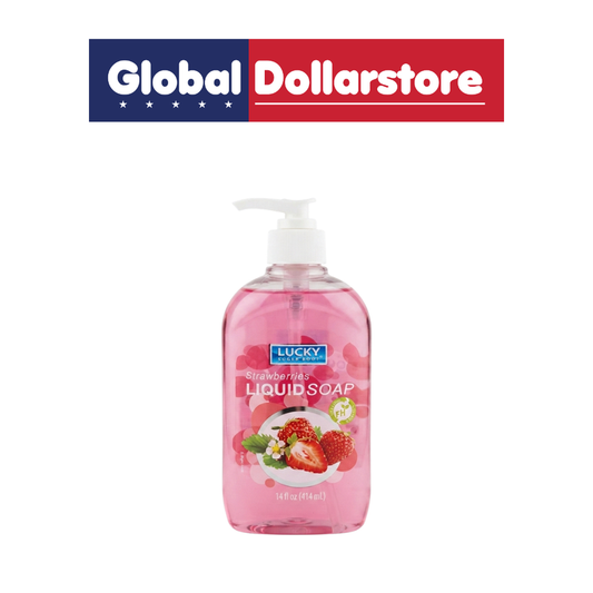Lucky Strawberries Liquid Hand Soap featuring a sweet strawberry scent and convenient pump bottle, ideal for refreshing hand cleansing and everyday hygiene.
