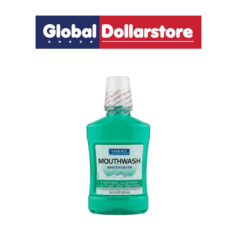 Lucky Winter Green Mouthwash bottle formulated for a refreshing oral rinse, helping freshen breath and support a clean, invigorated mouth after rinsing.