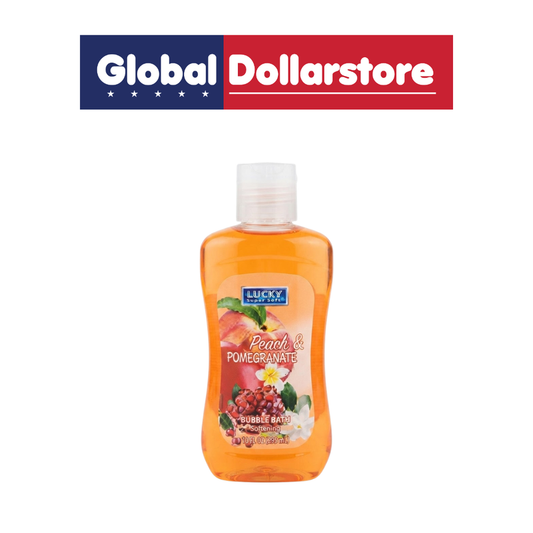 Lucky Peach Pomegranate Bubble Bath 591ml featuring a fruity peach and pomegranate scent for a relaxing bath experience with rich, soothing bubbles.