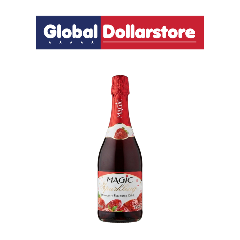 Magic Sparkling Strawberry Drink featuring a refreshing fizzy strawberry flavor in vibrant beverage packaging, perfect for enjoying as a sweet and bubbly fruit drink.