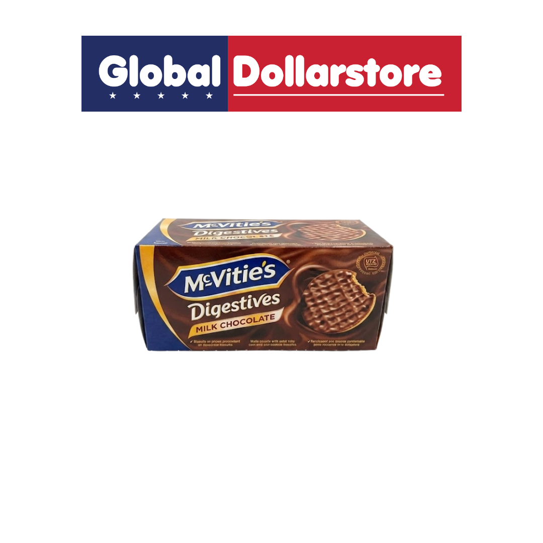 McVitie's Digestive Milk Chocolate biscuits featuring crisp, crumbly digestive biscuits topped with a smooth layer of creamy milk chocolate, combining a satisfying biscuit texture with rich chocolate flavor for snacking, tea time, sharing, or dessert.