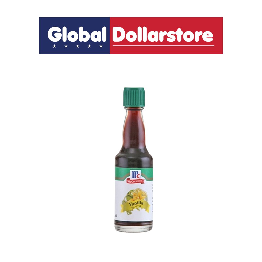 Bottle of vanilla extract with a Global Dollarstore logo above it on a white background