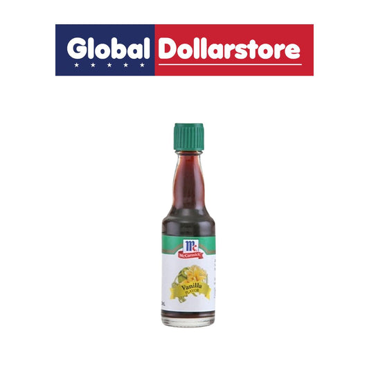 Bottle of vanilla extract with a Global Dollarstore logo above it on a white background