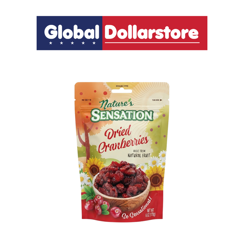 Nature’s Sensation Dried Cranberries snack pack featuring sweet and tangy dried cranberries with a chewy texture, conveniently packaged for snacking, baking, or adding to trail mix.