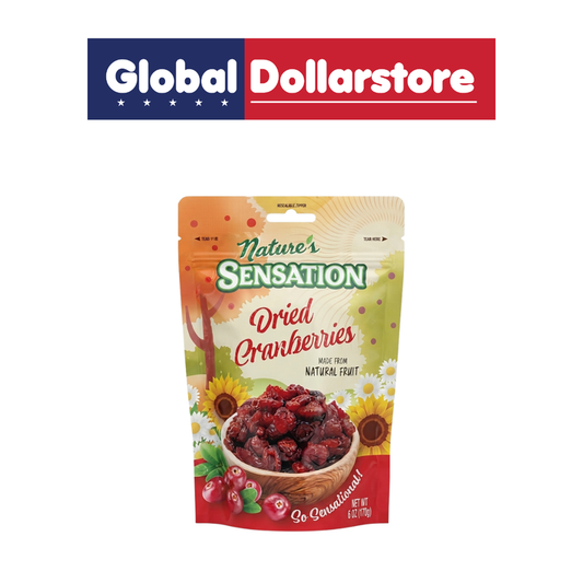 Nature’s Sensation Dried Cranberries snack pack featuring sweet and tangy dried cranberries with a chewy texture, conveniently packaged for snacking, baking, or adding to trail mix.