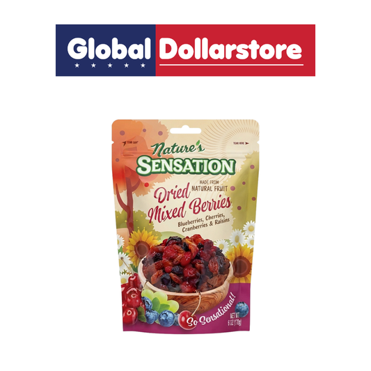 Nature’s Sensation Dried Mixed Berries snack pack featuring a flavorful blend of sweet and tangy dried berries, conveniently packaged for an easy everyday snack or trail mix addition.