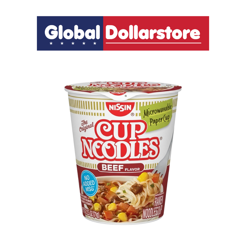 Nissin Cup Noodles Beef Flavor instant ramen cup featuring savory beef-flavored noodles in convenient ready-to-prepare packaging, with prominent Nissin branding for a quick and satisfying meal.
