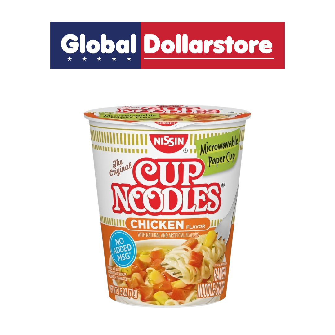 Nissin Cup Noodles Chicken Flavor instant ramen cup featuring savory chicken-flavored noodles in convenient ready-to-cook packaging, with prominent Nissin branding.