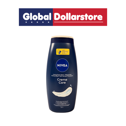 Nivea Creme Care Cooling Soothing Body Lotion in a dark blue bottle with a beige cap, shown on a white background with a Global Dollarstore banner at the top.