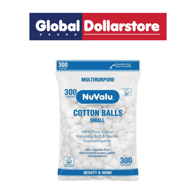 Nuvalu Cotton Balls 300 Count pack with soft, absorbent cotton balls for everyday skincare, personal care, beauty routines, and household use.