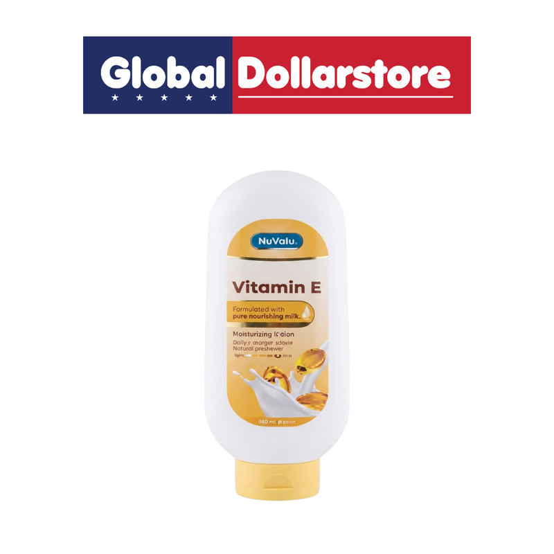 Nuvalu Vitamin E Lotion in a convenient bottle, formulated for everyday skincare to moisturize and nourish dry skin while leaving it feeling soft and smooth.