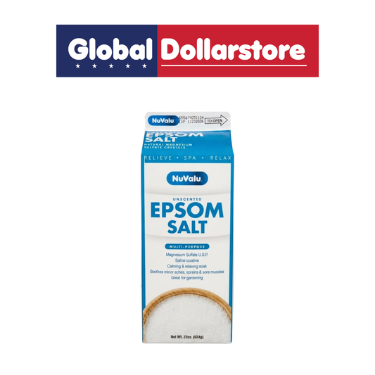 NuValu Epsom Salt package featuring pure Epsom salt crystals, with clear NuValu branding and product labeling displayed on a clean background.