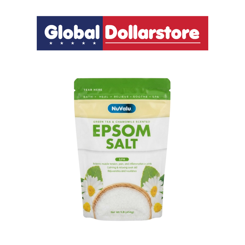 Nuvalu Epsom Salt 16 oz Green Tea & Chamomile blend, featuring a calming botanical scent for relaxing baths, foot soaks, and soothing self-care routines.