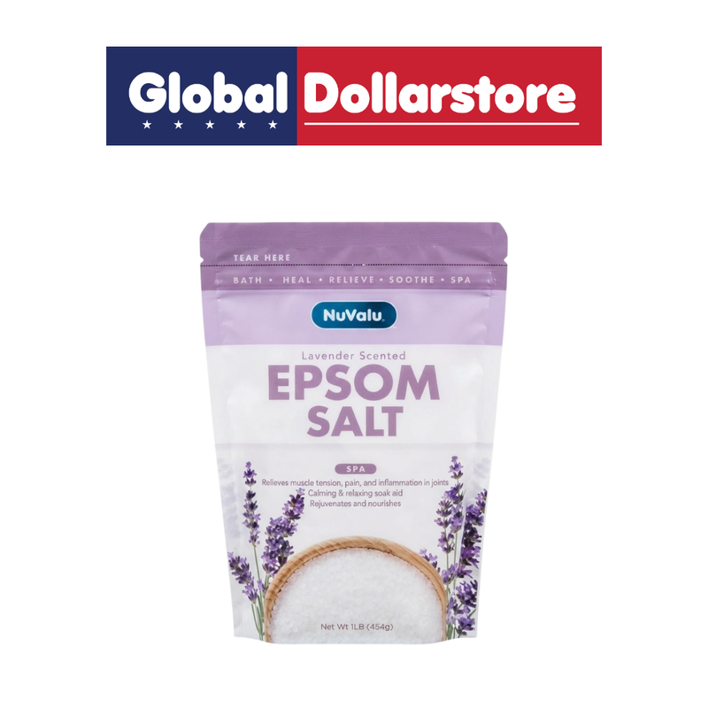 Nuvalu Lavender Epsom Salt featuring fragrant lavender crystals, ideal for soothing bath soaks and creating a relaxing self-care experience at home.