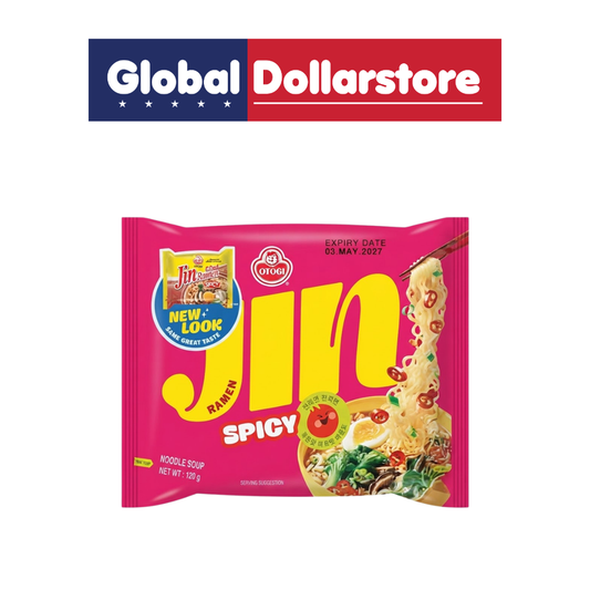 Ottogi Jin Ramen Hot instant noodle pouch featuring chewy Korean noodles in a bold, spicy hot broth, with distinctive Ottogi branding and convenient pouch packaging for a flavorful meal.