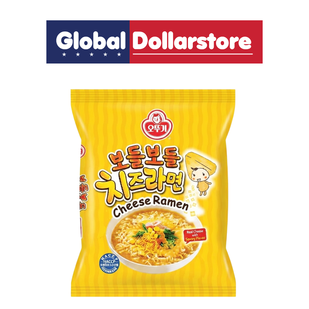 Ottogi Cheese Ramen featuring springy Korean noodles in a rich, creamy cheese-flavored broth with savory seasoning, perfect for a quick, comforting meal or satisfying noodle snack anytime.
