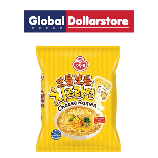 Ottogi Cheese Ramen featuring springy Korean noodles in a rich, creamy cheese-flavored broth with savory seasoning, perfect for a quick, comforting meal or satisfying noodle snack anytime.