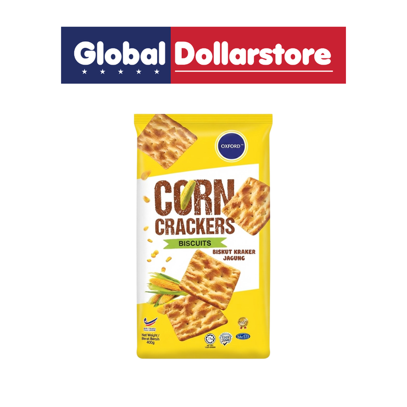 Oxford Corn Crackers featuring crisp, crunchy corn-flavored crackers in convenient packaging, perfect for a savory snack or light everyday bite.
