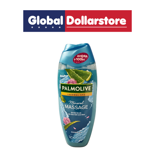 Palmolive Herbal Spa Mineral Massage shampoo bottle in blue, featuring aloe vera and green leaf graphics, with a Global Dollarstore banner at the top.