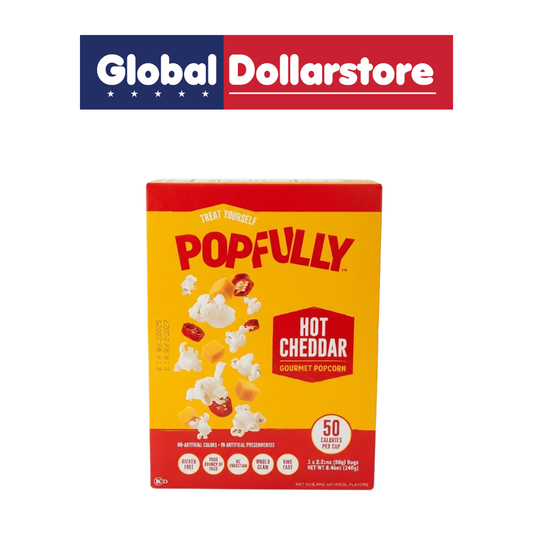Popfully Microwave Popcorn Hot Cheddar snack pack featuring fluffy popcorn with bold, spicy hot cheddar flavor, in convenient microwave-ready packaging with vibrant Popfully branding.