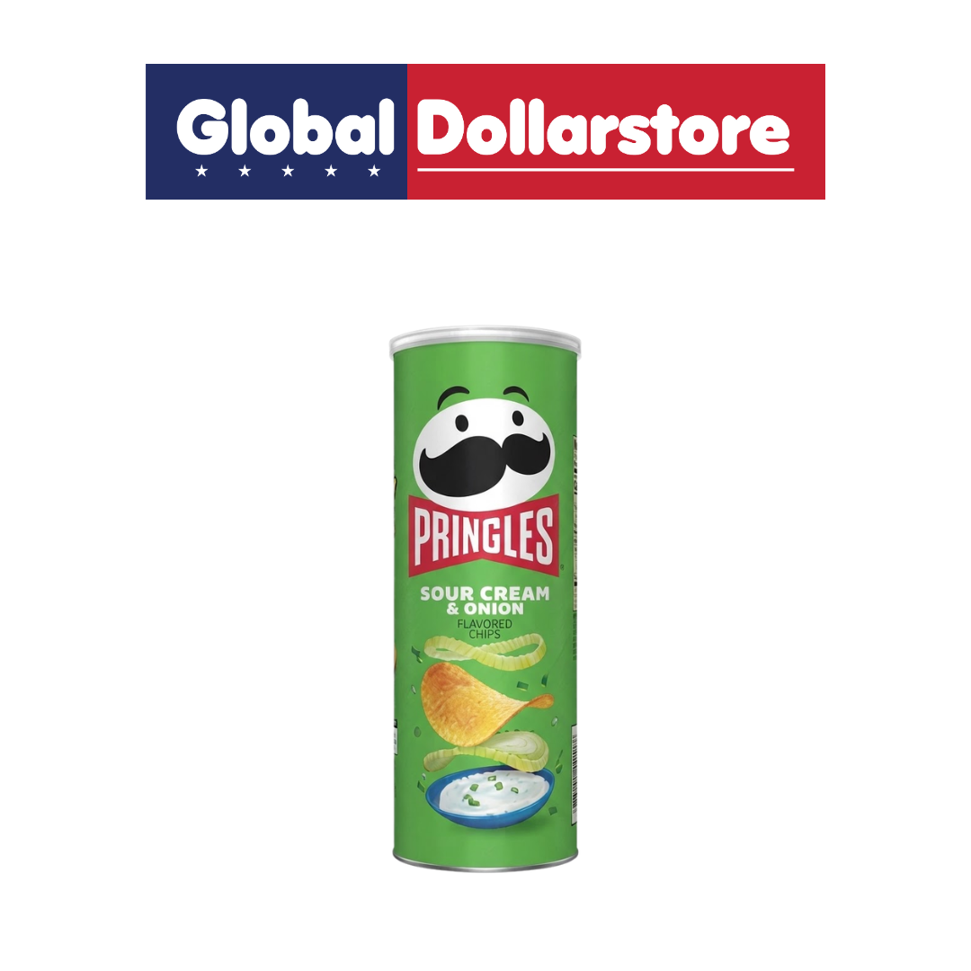 Pringles Sour Cream & Onion potato crisps can featuring savory sour cream and onion flavor, with the iconic Pringles branding and distinctive snack packaging.