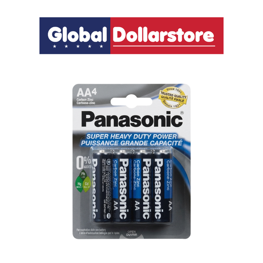 Panasonic AA Batteries 4-Pack featuring four reliable AA-size batteries, ideal for powering everyday household electronics, toys, remotes, and portable devices.