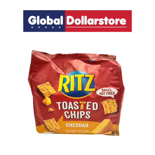 RITZ Toasted Chips Cheddar, crispy toasted snack chips with a rich and savory cheddar cheese flavor, delivering a satisfying crunch for convenient snacking, sharing, or enjoying anytime.