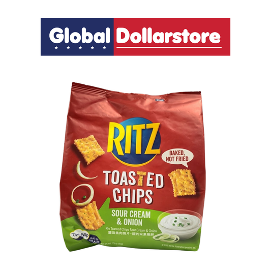 RITZ Toasted Chips Sour Cream, crispy toasted chips coated with a creamy and tangy sour cream flavor, offering a satisfying crunch and savory taste for convenient everyday snacking or sharing.