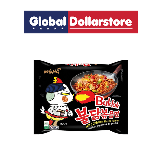 Samyang Hot Chicken Ramen instant noodles featuring chewy noodles coated in a bold, fiery hot chicken sauce, with distinctive Korean packaging for a spicy and flavorful meal.