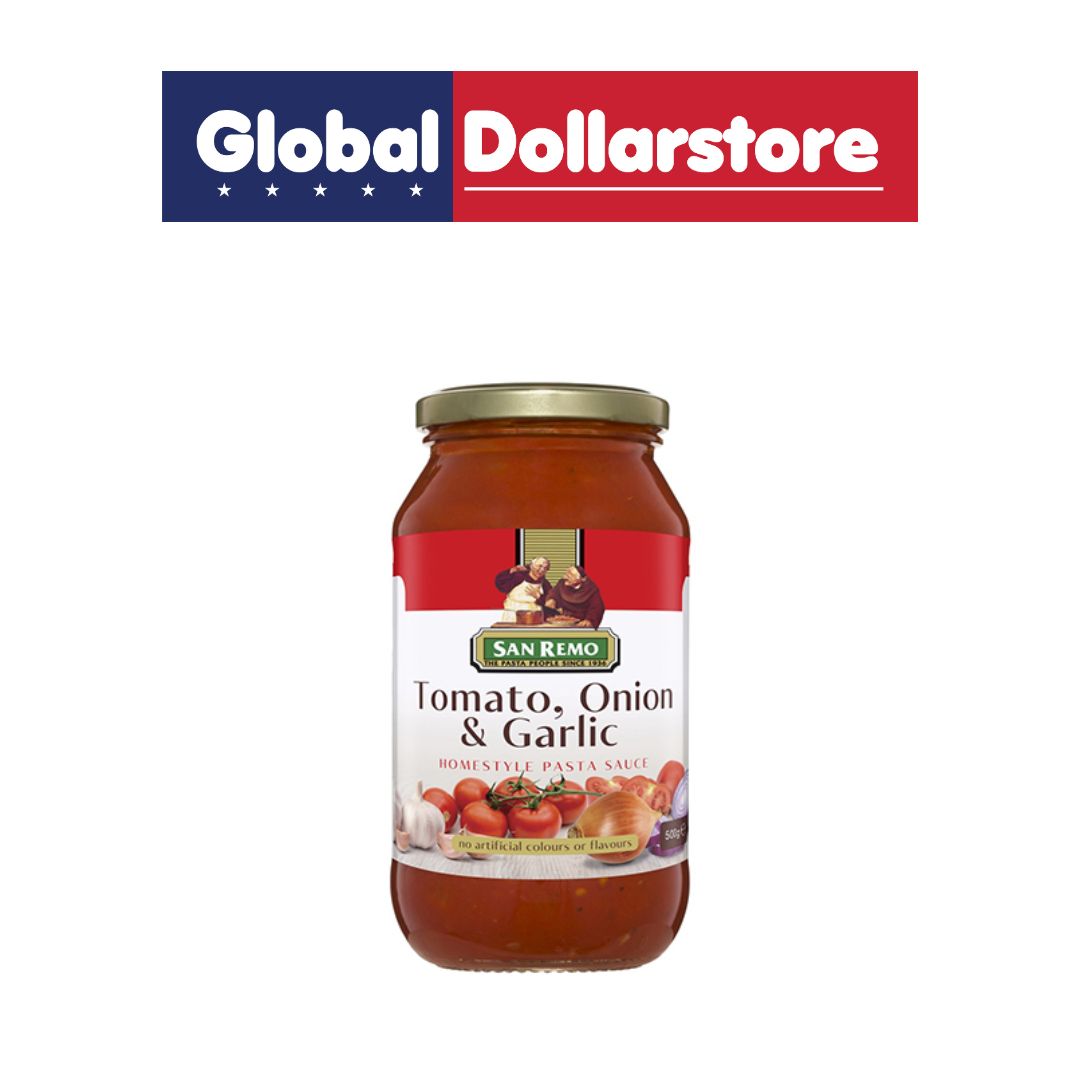 Jar of San Remo Tomato, Onion & Garlic pasta sauce with Global Dollarstore logo above