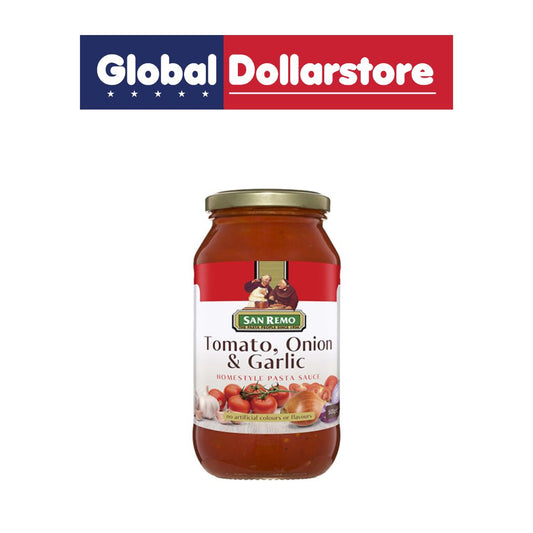 Jar of San Remo Tomato, Onion & Garlic pasta sauce with Global Dollarstore logo above
