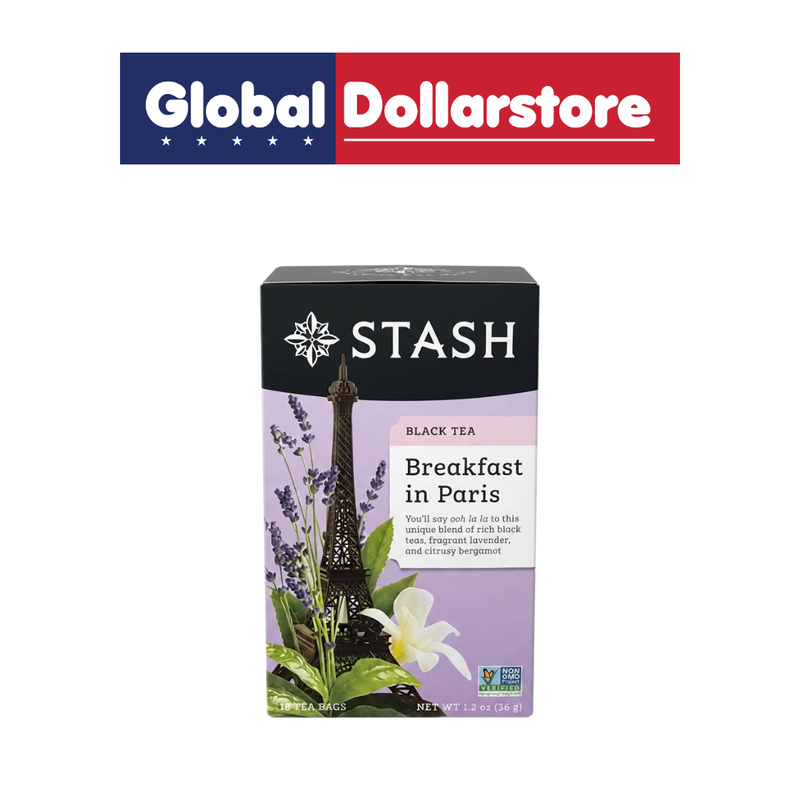 Stash Breakfast in Paris Black Tea box featuring a fragrant blend of rich black tea, floral lavender, bright bergamot, and a hint of vanilla, with distinctive Stash Tea packaging. stashtea.ca+1 