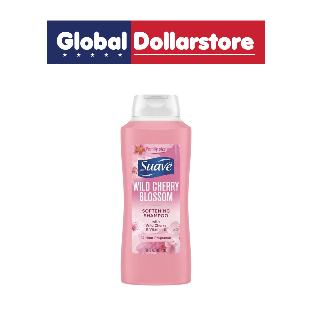 Suave Wild Cherry Shampoo bottle featuring a sweet wild cherry scent and hair-cleansing formula, with recognizable Suave branding and vibrant product packaging.