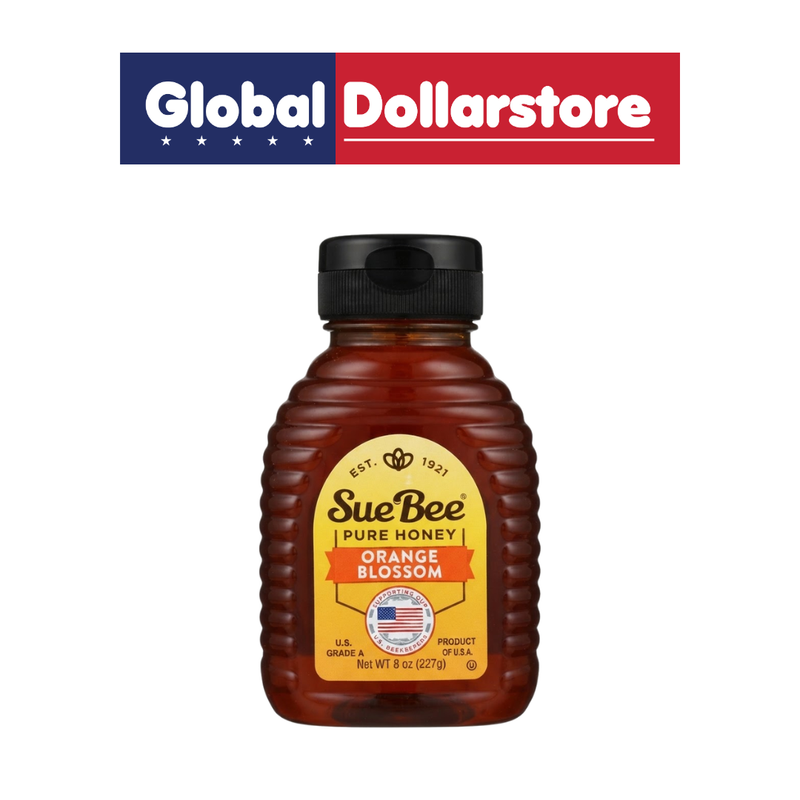 Sue Bee Honey Orange featuring sweet honey with a bright citrus orange flavor, presented in distinctive Sue Bee packaging for tea, breakfast, baking, and everyday use.