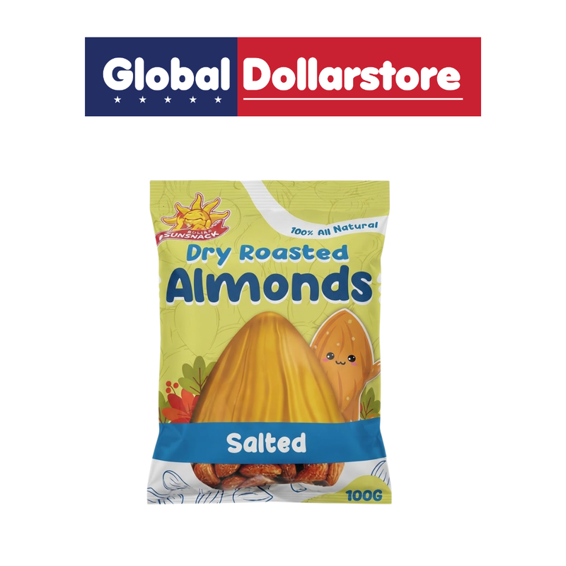 SunSnack Salted Roasted Almonds snack pack featuring crunchy roasted almonds with a savory salted flavor, clearly displaying the SunSnack branding on a clean product background.