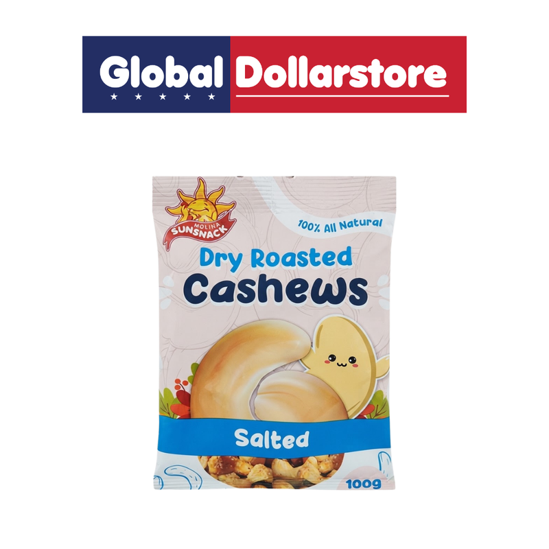 SunSnack Salted Roasted Cashews snack pack featuring crunchy roasted cashew nuts with a savory salted flavor, clearly displaying the SunSnack branding on a clean product background.